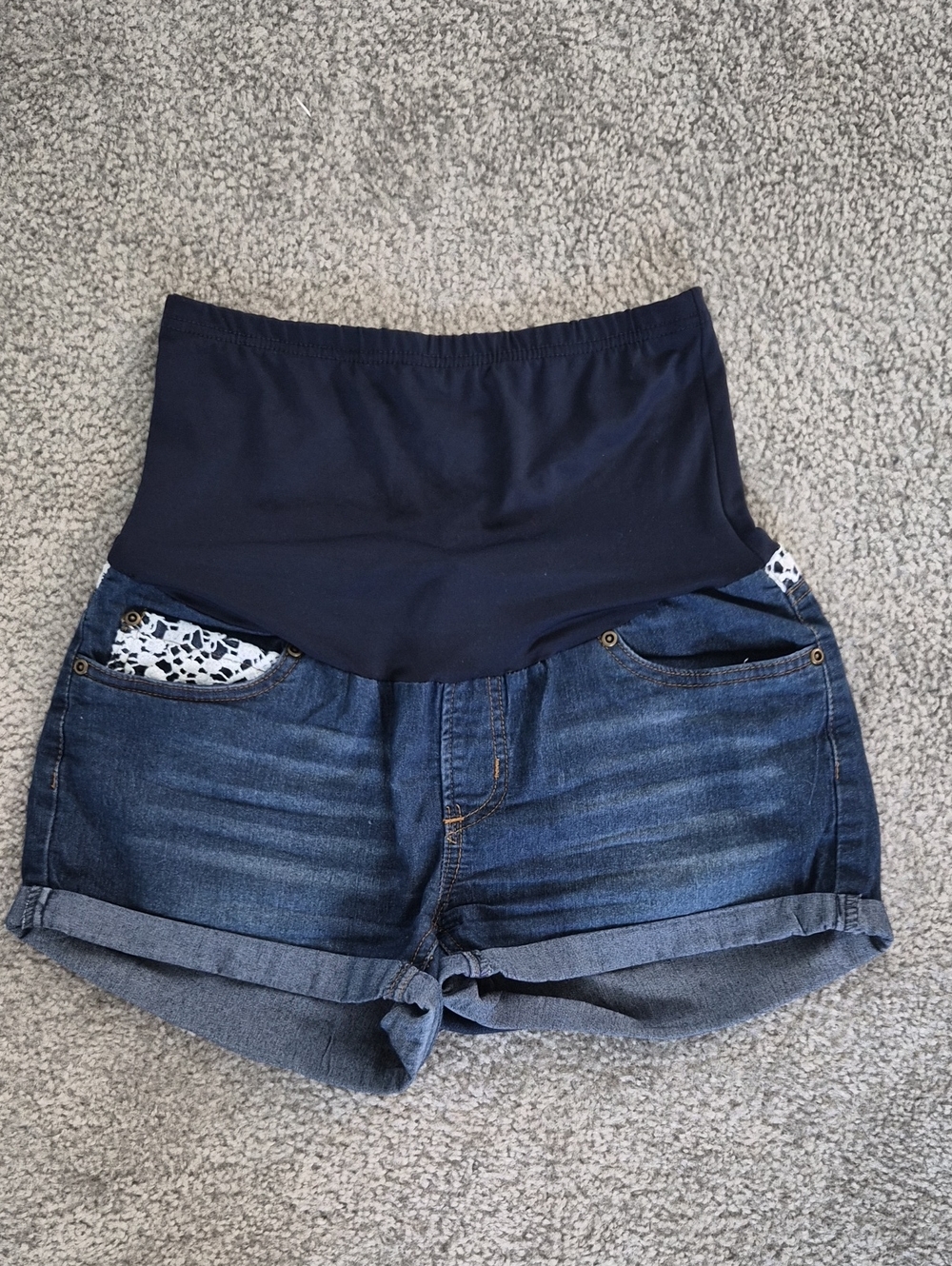 Maternity Dark Blue Jean Shorts with Navy Stretch Waistband